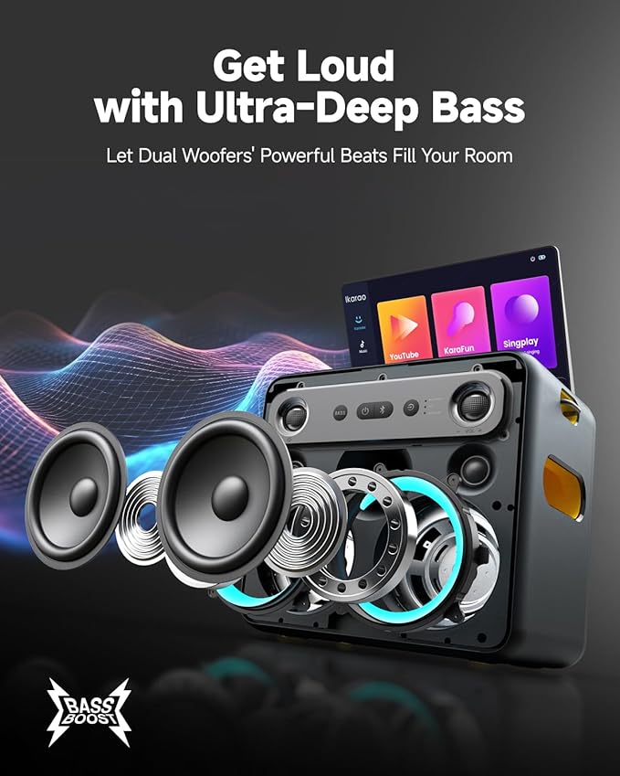 Karaoke Machine with Microphone Stand, Portable Bluetooth Speaker for Party, Backyard, Karaoke System with 2 Wireless Microphone for Adults Kids, for Women, Men, Singing Lovers-CubbioJoy