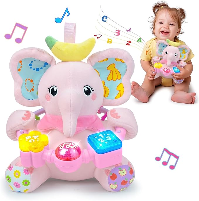 Baby Elephant Musical Stuffed Animals Toy with Light-Up Music & Crinkle Sound Paper,Infant Bilingual Early Learning Education Toys,Tummy Time Toys for 0-3-6-12+ Months Boy Girl, Pink-CubbioJoy