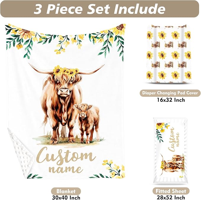 Custom Name Crib Bedding Set - Highland Cow Theme, Personalized Yellow Floral Nursery Bedding 3-Piece Set– Soft Blanket, Fitted Sheet, Changing Pad Cover – for Newborns Girls Nursery Gifts-CubbioJoy