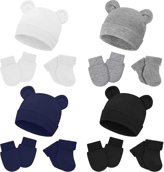Cuffbow 4 Pcs Preemie Hats Mittens and Socks Set Preemie Mittens Warm Terry Socks for Baby-CubbioJoy