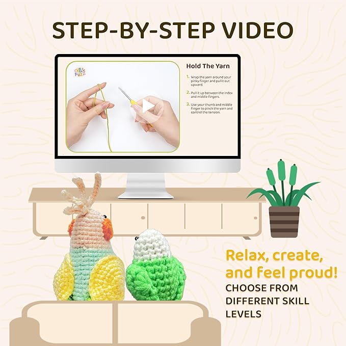 ChillFuzz Animal Crochet Kit Beginner Crochet Kit for Adults and Kids with Yarn Hook and Step by Step Instructions Relaxing DIY Gift Parrot-CubbioJoy