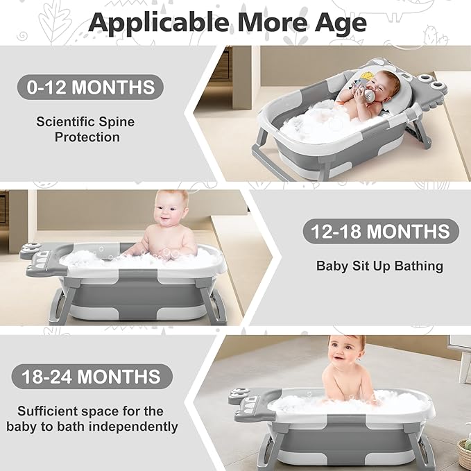 Collapsible Baby Bathtub for Newborn, Foldable Baby Bath Tub with Thermometer & Soft Floating Cushion & Drain Hole, Portable Travel Infant Bath Tubs for Newborns to Toddlers 0-36 Months Boys, Grey-CubbioJoy