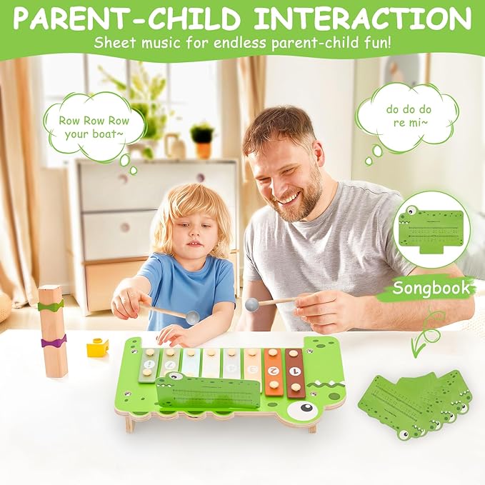 Baby Piano Xylophone Musical Toys - 2 in 1 Wooden Montessori Crocodile Toys for Toddler Kids, 8 Multicolored Key Keyboard Instruments, Preschool Educational Musical Learning Toy for Girls Boys-CubbioJoy