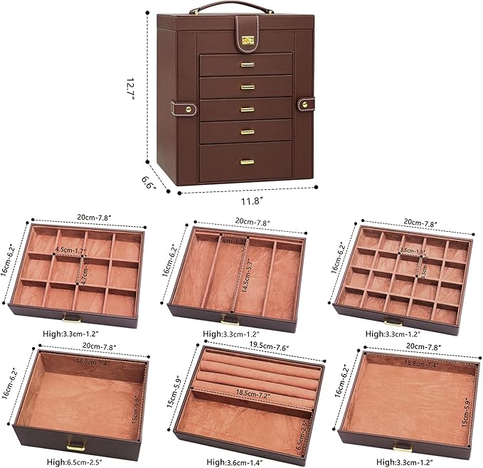 AKOZLIN Large 6-Tier Jewelry Box Organizer Functional Huge Lockable,5 Drawers Leather Jewelry Storage Case for Women Girls Ring Necklace Earring Bracelet Holder Organizer with Mirror Brown-CubbioJoy
