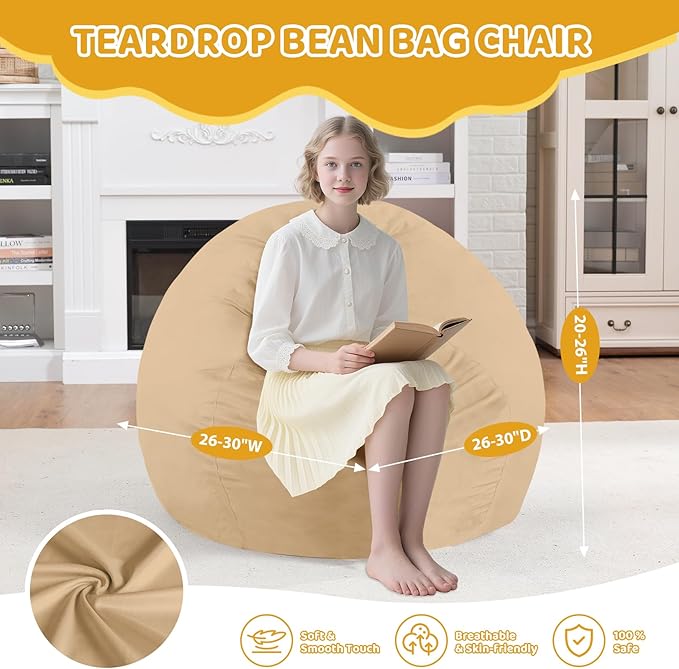 2FT Bean Bag Chair, Comfy Bean Bag Chairs with Memory Foam Filled, Fluffy Beanbag Sofa with Dutch Velvet Cover, Teardrop BeanBag Chairs for Living Room, Playroom - Khaki-CubbioJoy
