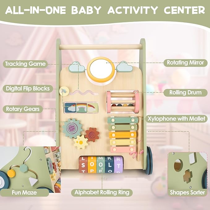 Baby Push Walker, Wooden Baby Walker with Wheels, Montessori Push Walker for Babies 6-12 Months, Push Walking Toys for Boys&Girls 1 Year Old, Gifts for Toddler-CubbioJoy