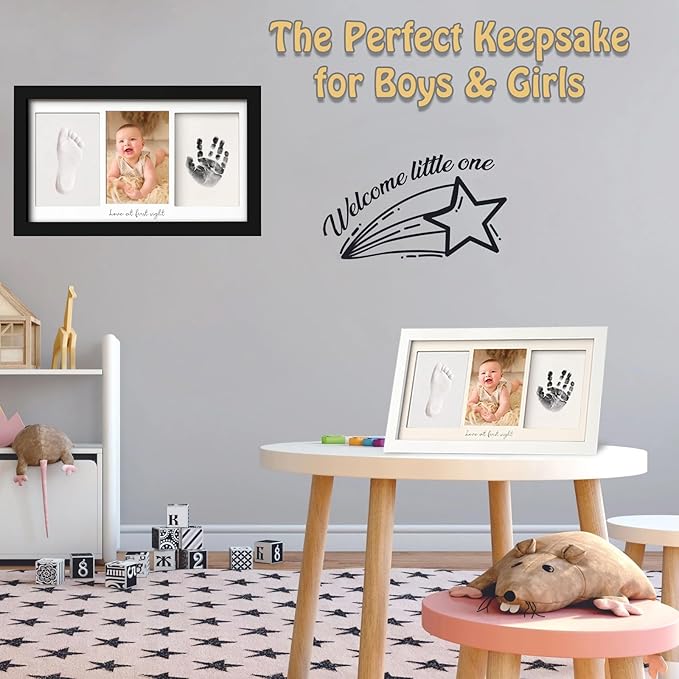 Baby Hand and Footprint Kit Keepsake Nursery Decor Picture Frame for New Mom Baby Boys Girls Shower Gifts Personalized Inkless & Clay Handprint Newborn Essentials Must Haves (Black)-CubbioJoy