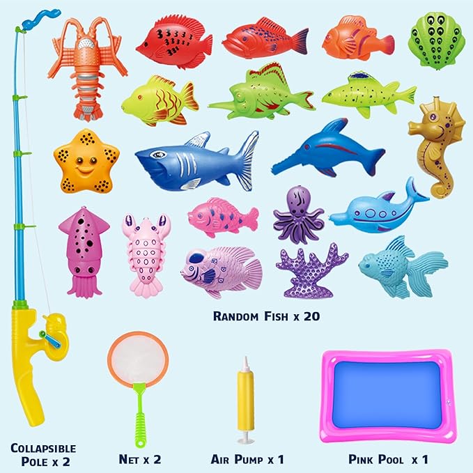 CozyBomB™ Magnetic Fishing Toys Game Set for Kids | Water Table Bathtub Kiddie Pool Party & Pole Rod Net, Plastic Floating Fish Toddler Color Ocean Sea Animals Birthday Age 3 4 5 6 Year-CubbioJoy