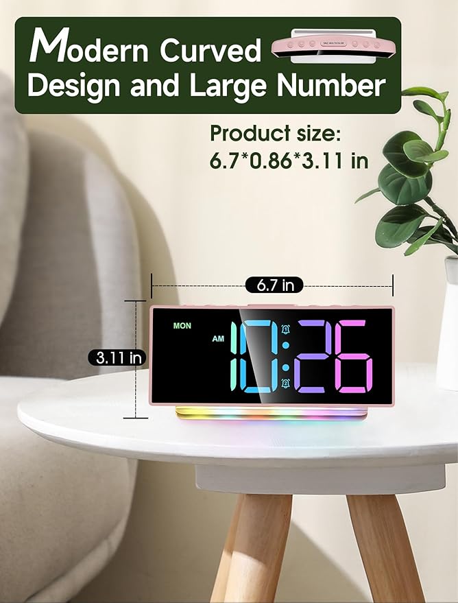 Cadmos Modern Curved Cute Digital Alarm Clock,Colorful Led Display,Adjustable Volume,Weekday/Weekend Mode,Simple Clock for Bedrooms Bedside,Ok to Wake Up for Girls,Kids,Teens (Pink+Dynamic)-CubbioJoy