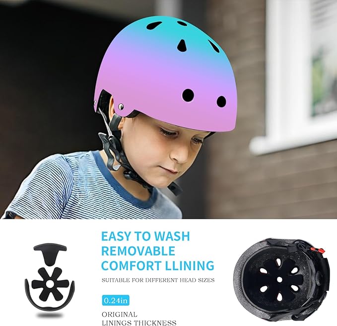 Adjustable Kids Bike Helmet with Knee & Elbow Pads Set, Color Gradient Design for Boys and Girls Aged 3-14+, for Skateboarding, Scooter, Roller & Inline Skating, Longboard-CubbioJoy