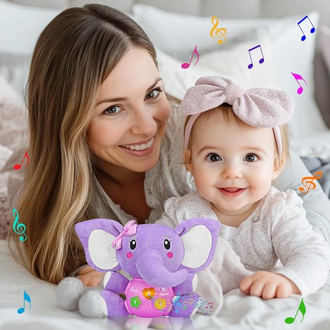 Aitbay Plush Elephant Music Baby Toys 0 3 6 9 12 Months, Cute Stuffed Aminal Light Up Baby Toys Newborn Baby Musical Toys for Infant Babies Boys & Girls Toddlers 0 to 36 Months (Purple)-CubbioJoy