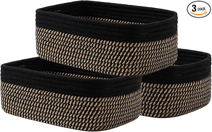 KALLAX Small Woven Basket, 12 x 8 x 4.5 Inches, Storage Basket for Organizing, Cute Small Rope Shelf Closet Cube Storage Bins Baskets for Shelves, Dog Toy Gift Baskets Empty, 3 Pack Black & Brown-CubbioJoy