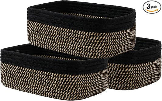 KALLAX Small Woven Basket, 12 x 8 x 4.5 Inches, Storage Basket for Organizing, Cute Small Rope Shelf Closet Cube Storage Bins Baskets for Shelves, Dog Toy Gift Baskets Empty, 3 Pack Black & Brown-CubbioJoy
