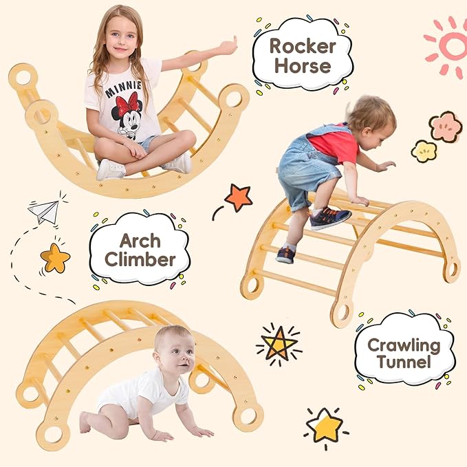 Asweets Pikler Triangle Set, 5 in 1 Foldable Montessori Climbing Set with Ramp, Baby Climbing Toys for Indoor Playground, Jungle Gym for Kids with Arch Climber, Rocker, Suitable for Toddlers-CubbioJoy