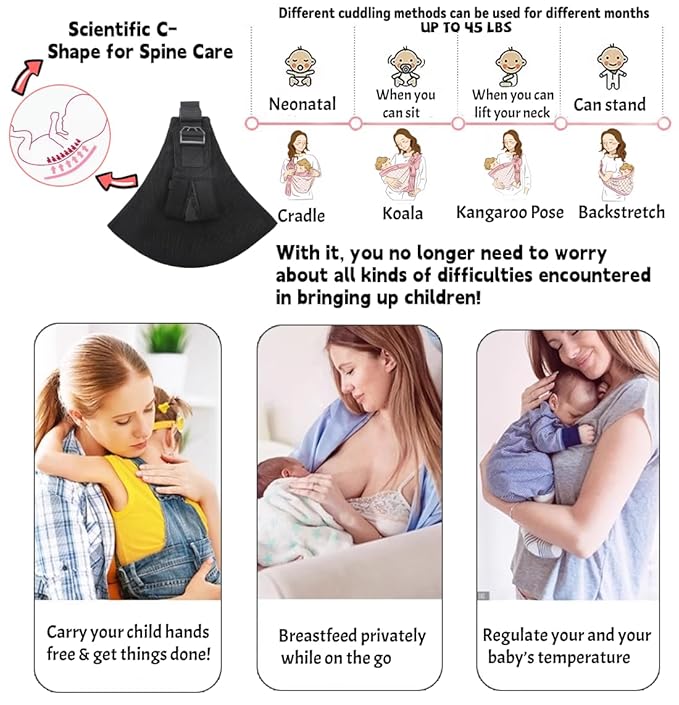 Baby Sling Carrier - Adjustable Baby Sling 2025 Upgraded Toddler Sling Comfortable Baby Wrap Carriers Ergonomic-Designed, Travel Friendly Carrying 10-45 Lbs(Black)-CubbioJoy