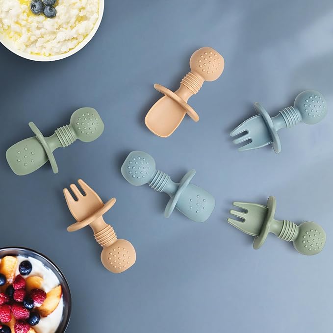 Baby Spoons and Forks Feeding Set, 6 Pack Silicone First Stage Self Feeding Toddler Utensils, BPA Free, Baby Led Weaning Supplies for Training Spoons-CubbioJoy