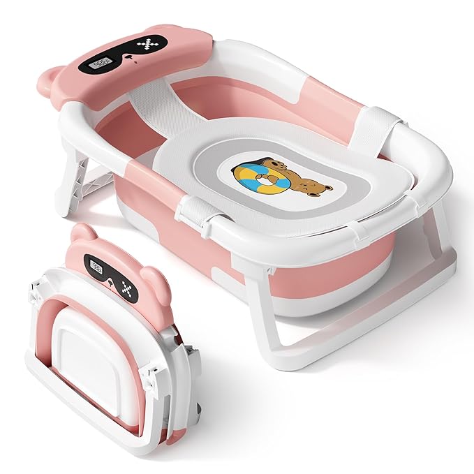 AVIDOR Baby Bathtub,Collapsible Bathtub for Newborn to Toddler,Durable Essential Infant Bath Tub,Portable Travel Baby Tub with Soft Cushion,No-Slip Hanging and Detachable(Pink)-CubbioJoy