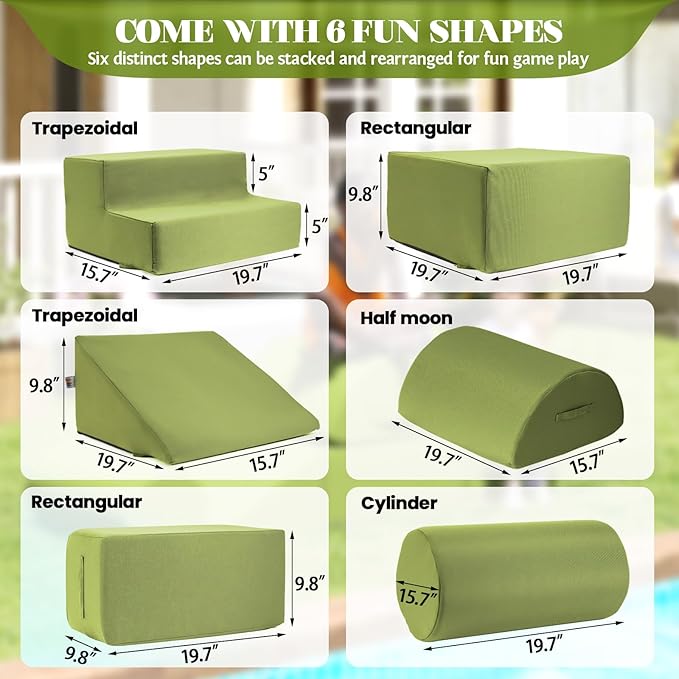 jela Foam Blocks 6Pcs Soft Play Equipment Waterproof Fabric, UV Resistant Toddler Climbing Toys Indoor& Outdoor Soft Play Climbing for Toddlers, Lightweight Climbing Blocks for Babies, Kids (Green)-CubbioJoy