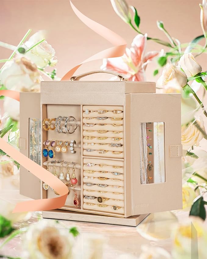 AKOZLIN Jewelry Box 6-Tier Organizer Functional 360° Rotating Jewelry Storage Case for Women Girls Ring Necklace Earring Bracelet Holder with Mirror-CubbioJoy