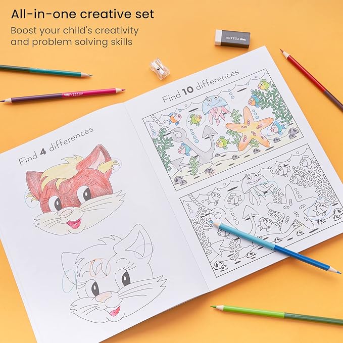 Arteza Kids Activity Book, Spot The Difference Book, Back to School Supplies for Ages 6 and Up, 50 Sheets, 12 Double-Ended Colored Pencils, Black Marker, Eraser, Sharpener-CubbioJoy