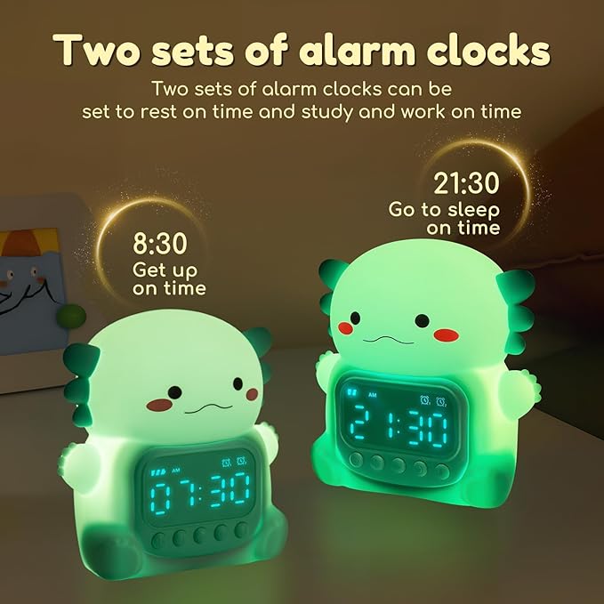 Axolotl Alarm Clock with Night Light for Kids, 7 RGB Color Cute Alarm Clocks for Bedrooms Ok to Wake Clocks, Silicone Animal Tabletop Lamp for Teen Girls Boys, Green-CubbioJoy