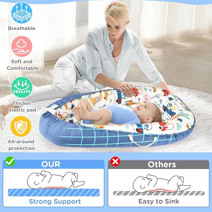Baby Lounger - Baby Lounger for Newborn 0-24 Months, Breathable and Soft Cotton Cover Baby Nest, Portable Cozy Tummy Time Lounger for Home and Travel, Ideal Baby Essentials & Shower Gifts-CubbioJoy