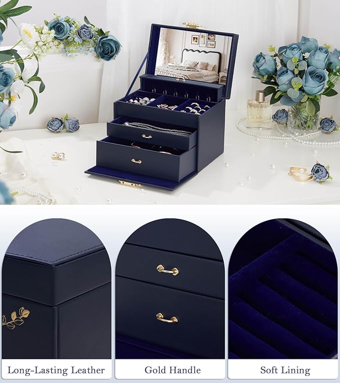Jewelry Box with Lock for Girls: Jewelry Organizer for Dresser - 3-Drawer Earrings Storage Girls Women Gift (Dark Blue-CubbioJoy
