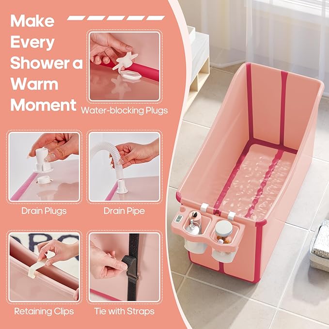 Collapsible Baby Bathtub Foldable Bathtub for Toddler Portable Large Foldable Bath Tub Bathtub for Kids Petite with Thermometer and Storage Basket (Pink)-CubbioJoy