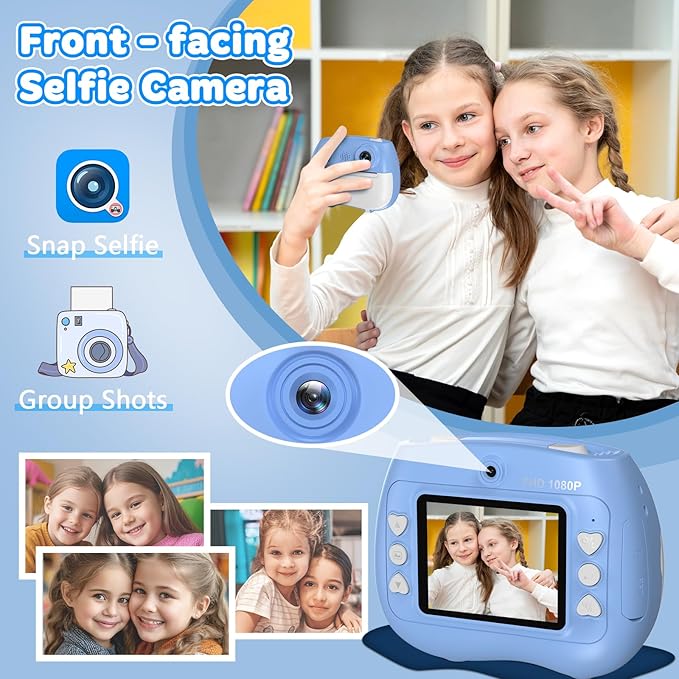 Instant Print Camera for Kids - Front Rear Dual Selfie Kid Print Camera, Fun Birthday Gift for Boys Ages 3-12, HD Digital Video Cameras, Easy to Use for Toddler - Blue-CubbioJoy