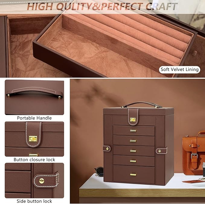 AKOZLIN Large 6-Tier Jewelry Box Organizer Functional Huge Lockable,5 Drawers Leather Jewelry Storage Case for Women Girls Ring Necklace Earring Bracelet Holder Organizer with Mirror Brown-CubbioJoy