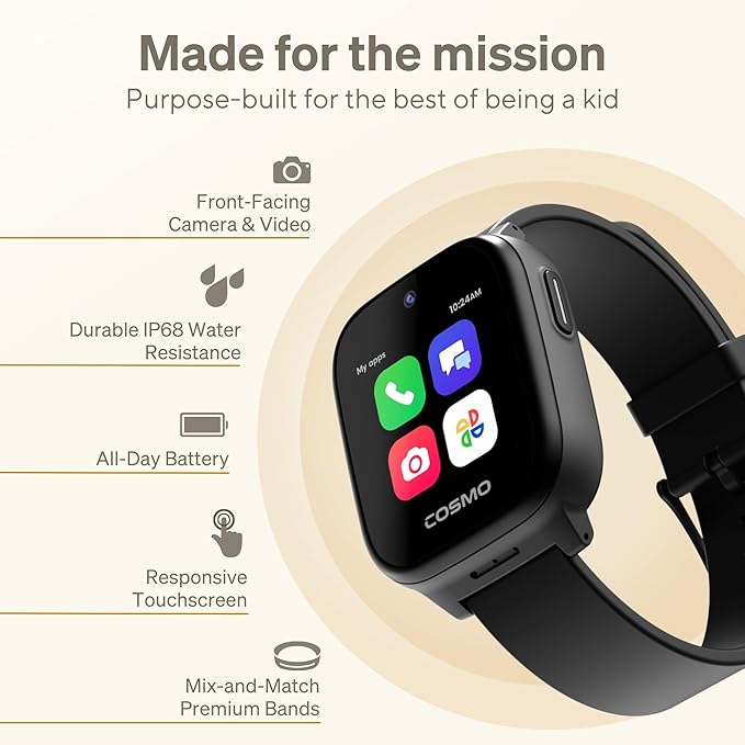 JrTrack 5 Kids Smart Watch by Cosmo | Best Kid-Safe Phone Watch | Precision Real-Time GPS Tracking | Call, Text, Activity, School Settings | Spotify Music | Parental Controls | SOS & Safety Alerts-CubbioJoy