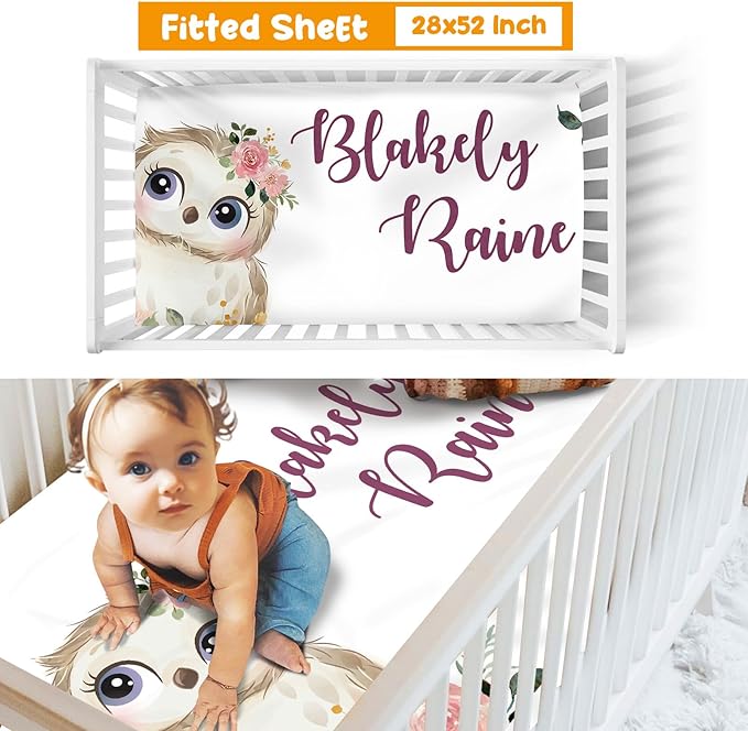 Custom Crib Bedding Set - Owl Design Personalized Name Baby Nursery Bed 3 Pcs Set - Chic Soft Blanket with Dotted Backing, Sheet, Pillowcase for Newborn Girls Boys Gifts Color21-CubbioJoy