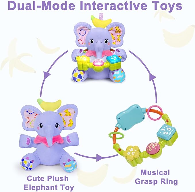 Baby Elephant Musical Stuffed Animals Toy with Light-Up Music & Crinkle Sound Paper,Infant Bilingual Early Learning Education Toys,Tummy Time Toys for 0-3-6-12+ Months Boy Girl, Purple-CubbioJoy