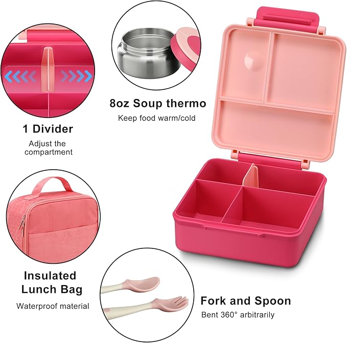 Bento Lunch Box for Kids with 8oz Soup Thermo&Lunch Bag, Leak-Proof Lunch Food Containers with 4 Compartment, Hot Food Insulated Food Jar for Kids School (Pink)-CubbioJoy