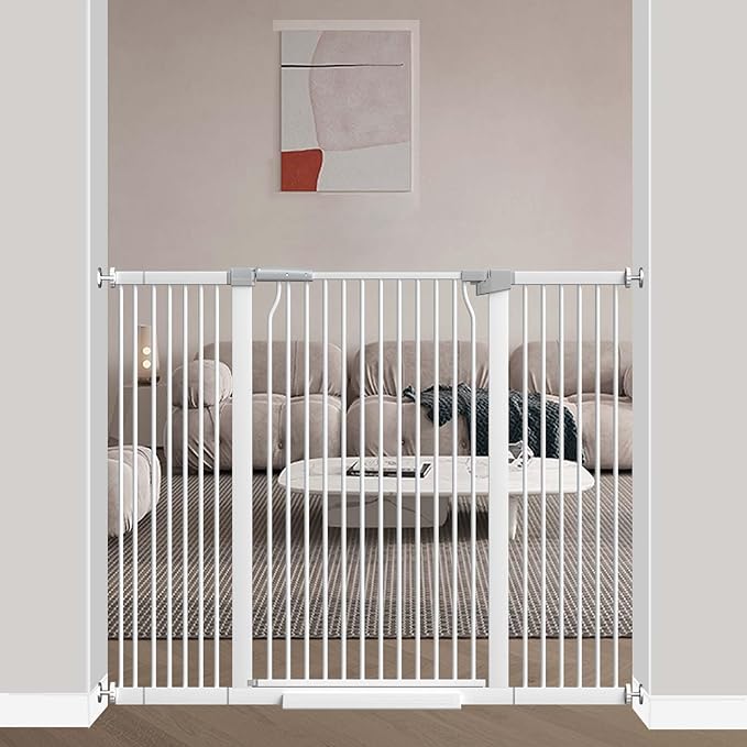 40.5" Extra Tall Baby Gate No Drill, 49.2"-54.7" Extra Wide Dog Gate Indoor, Pressure Mounted Safety Child Gate, Auto Close Pet Gate for Stairs Doorways Walk Through, White-CubbioJoy