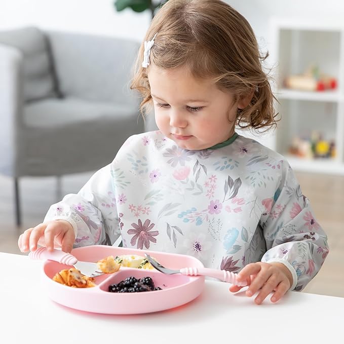 Bumkins Toddler Utensils, Kids Fork and Spoon Set, Silicone and Stainless-Steel Silverware, Angled Forks / Sporks for Self-Feeding, Children Training Flatware Cutlery for 18 Months Up, Pink-CubbioJoy