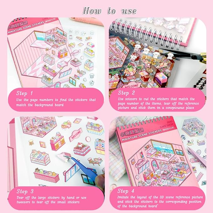 20 Sets DIY 3D Sticker Scenes for Adults with Tweezer, Kawaii 3D House Miniature Sticker Therapy, Make Your Own Mini Room Scene Collection Book for Adult Kids Relief Stress Pass The Time-CubbioJoy