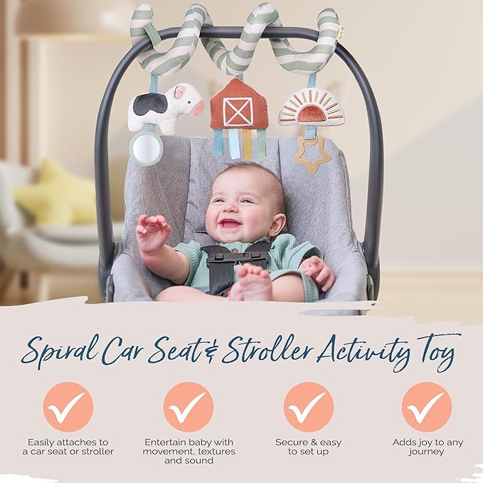 Itzy Ritzy Spiral Car Seat & Stroller Activity Toy - Stroller & Car Seat Toys for Ages 0 Months and Up - Hanging Toys Include Dangling Ring, Mirror and Textured Ribbons (Farm)-CubbioJoy