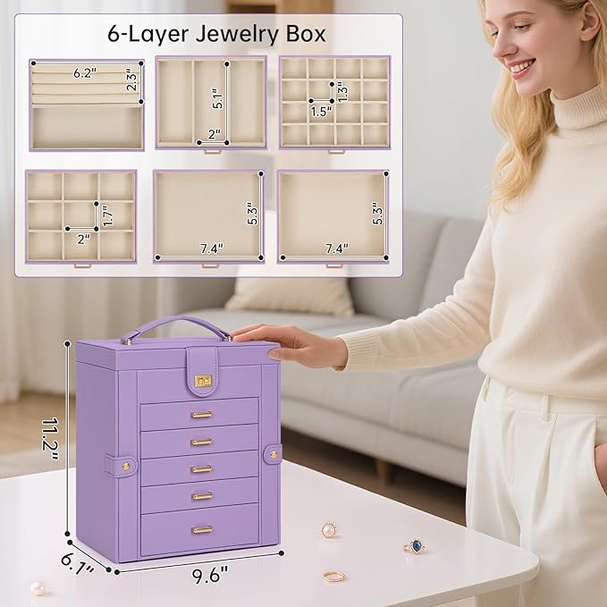AKOZLIN 6-Tier Jewelry Box Organizer Functional 5 Drawers Leather Jewelry Storage Case for Women Girls Ring Necklace Earring Bracelet Holder Organizer with Mirror Violet-CubbioJoy