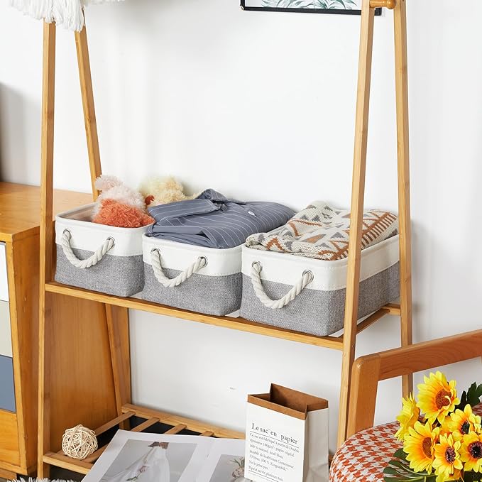 Bidtakay Small Baskets Fabric Storage Baskets for Organizing 3-Pack 12x8x5 Inch Collapsible Storage Bins for Shelves Canvas Bins for Closet Organization Home Baskets Storage Linen Closet S-White&Grey-CubbioJoy