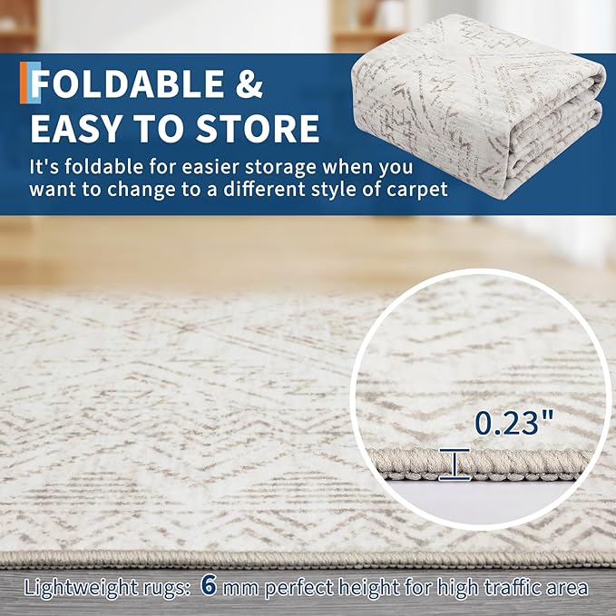 COZYLOOM Runner Rug 2x6 Living Room Washable Rugs Stain Resistant for Bedroom Soft Floor Carpet Non Slip Distressed Geometric Carpet for Dining Room Laundry Room Office, Ivory-CubbioJoy