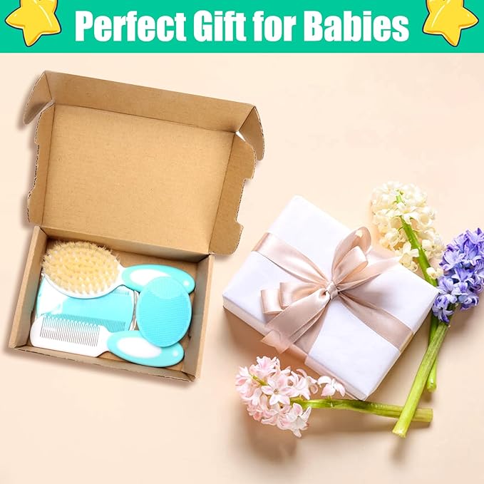 Baby Hair Brush and Comb Set, 4Pcs Baby Soft Bristles Hairbrush Cradle Cap Brush Hair Comb for Newborns Toddlers Boys Girls (Green)-CubbioJoy