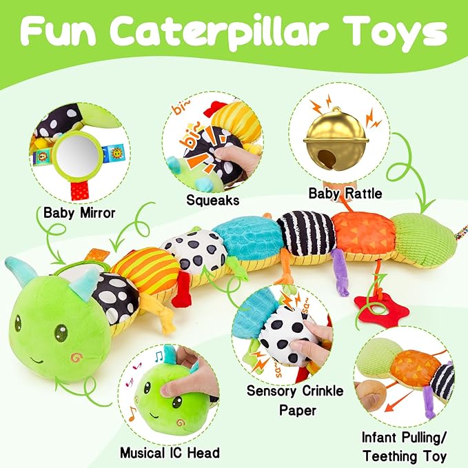 Baby Sensory Toy 0-6 Month Music Animal Stuffed Plush Caterpillar Toy for Infant 0-3-6 Month Tummy Time with Baby Mirror Crinkle Rattle for 6-12 Month Carseat Toys for Newborn Boys Girls Shower 1-CubbioJoy