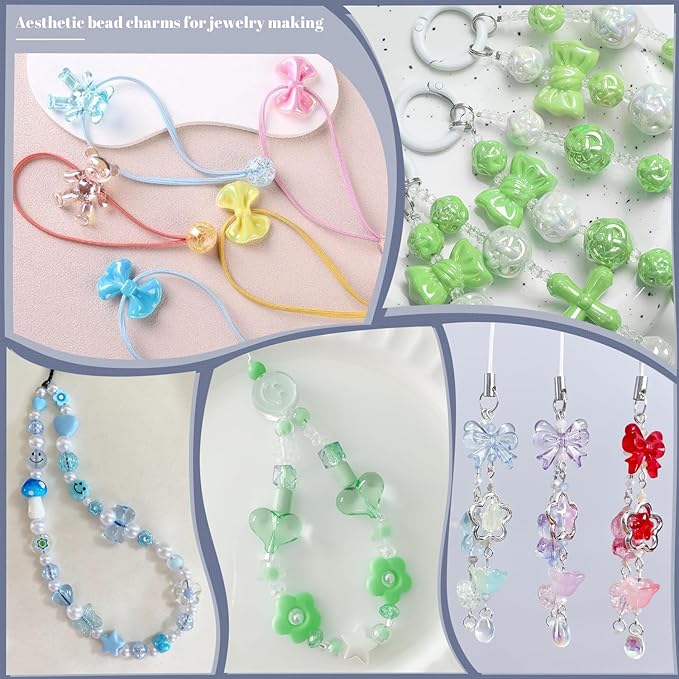 Assorted 170-230PCS Green Acrylic Beads for Bracelet Making, Flower Bow Butterfly Candy GummyBear Aesthetic Bracelet Charms,Cute Beads for Jewelry Making DIY Necklace Keychain Phone Charm-CubbioJoy