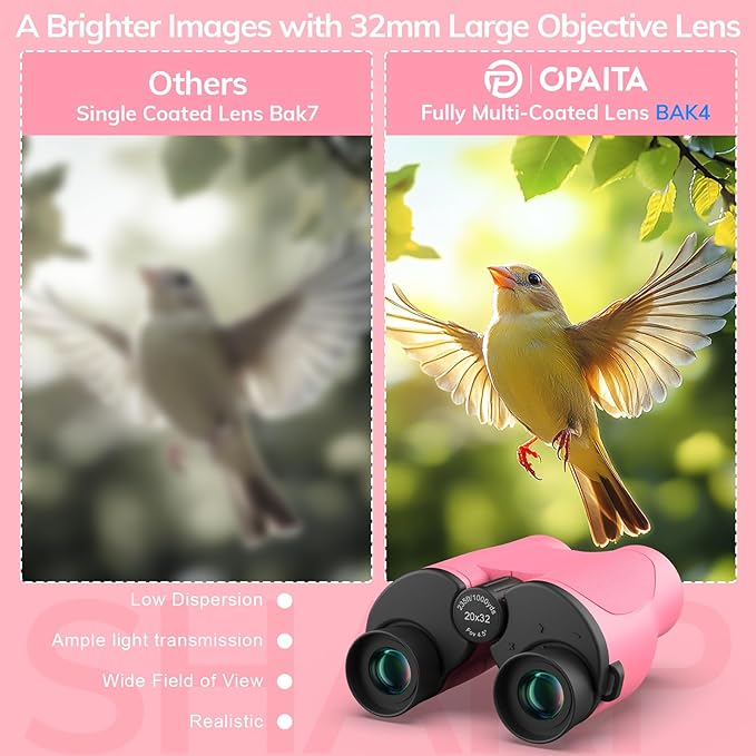 Compact Binoculars for Adults High Powered - OPAITA 20x32 Small Binoculars for Adults Kids with Low Light Vision for Hunting Cruise Ship Travel Concert Hiking Pink-CubbioJoy