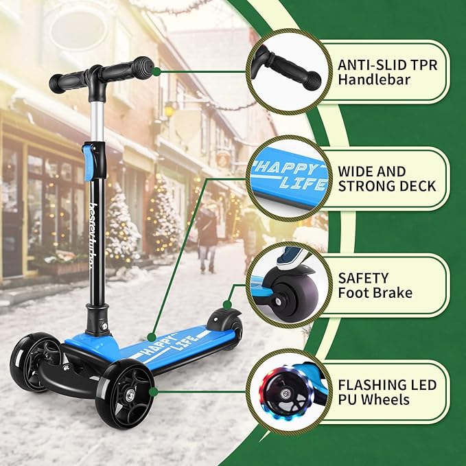 Besrey Kick Scooter for Kids Ages 3-10, 3-Wheel Folding Scooter with Adjustable Height, LED Light Wheels, Extra Wide Deck for Outdoor Activities-CubbioJoy