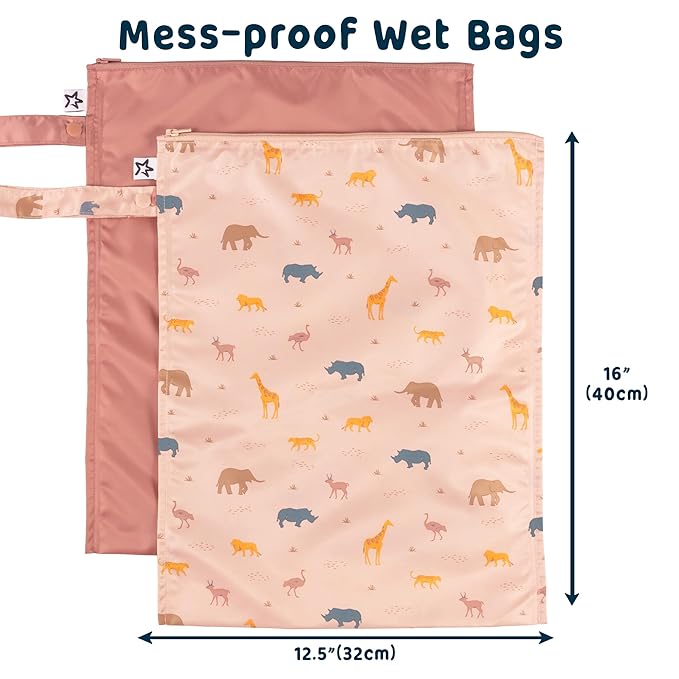 Tiny Twinkle Mess proof Waterproof Wet Dry Bag,2pk Reusable Wet Bags for Swimsuits&Baby Clothes,Leakproof Wet Bag,Waterproof Bag for Travel&Diaper bag,Wet Bags for Baby (Petite Safari)-CubbioJoy