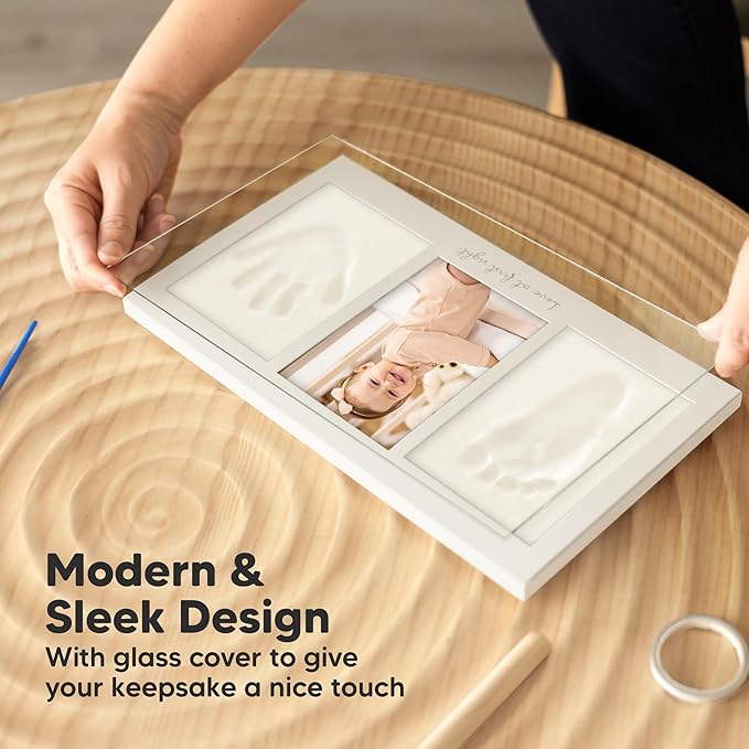 Baby Hand and Footprint Kit - Clay Handprint Keepsake Frame, Newborn Nursery Picture Frame, Personalized New Mom Gifts for Baby Shower & Registry (Dark Walnut)-CubbioJoy