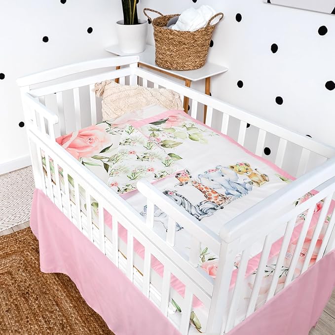 3 Pcs Baby Crib Bedding Set Safari Animals Dinosaurs Bear Woodland Animals Jungle Crib Set Includes Quilt, Fitted Sheet, Skirt for Baby Boy Girl(Pink,Safari)-CubbioJoy