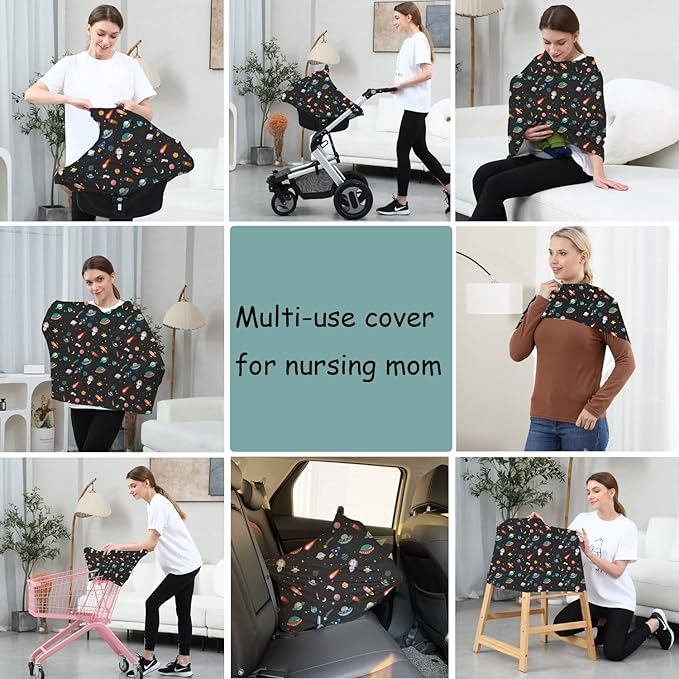 Carseat Covers Unisex - Black Creative Spacecraft Pattern Car Seat Canopy Cover for Babies, Multi-use Breastfeeding Cover, Baby Shower Gifts for Boy and Girls-CubbioJoy